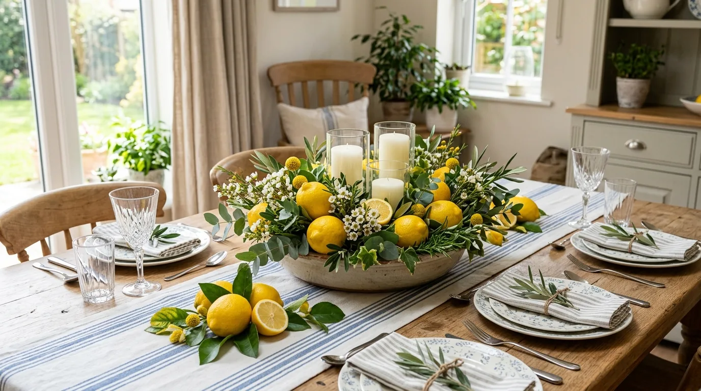 Dining table with lemon centerpiece and candles